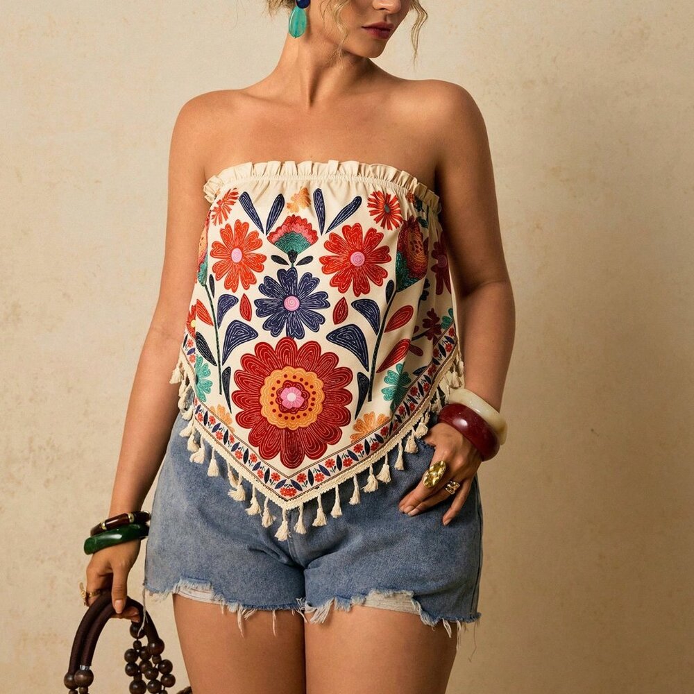 Apricot Boho Women's Floral Print Loose Tube Top - Picture 3 of 7